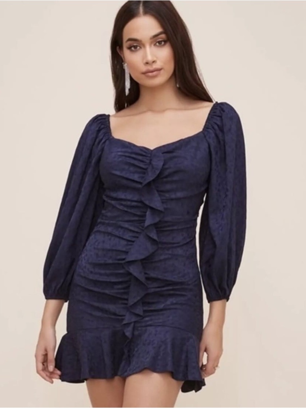 Astr Navy Ruffle Front Long Sleeve Mini Dress (Read Description)